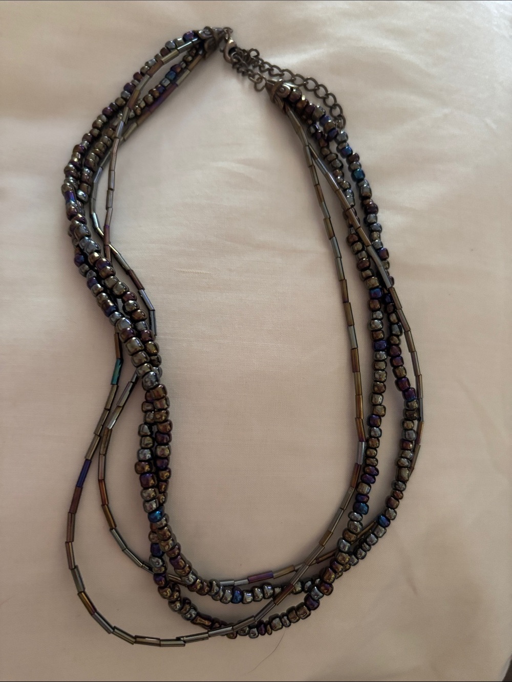 Chico's Iridescent Gunmetal and Purple Multi-Strand Beaded Necklace